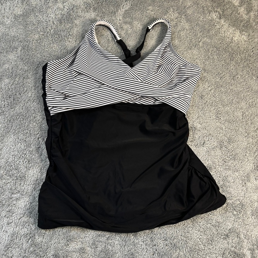 Tempt Me Black White Striped Ruched Tankini Swim Top XL